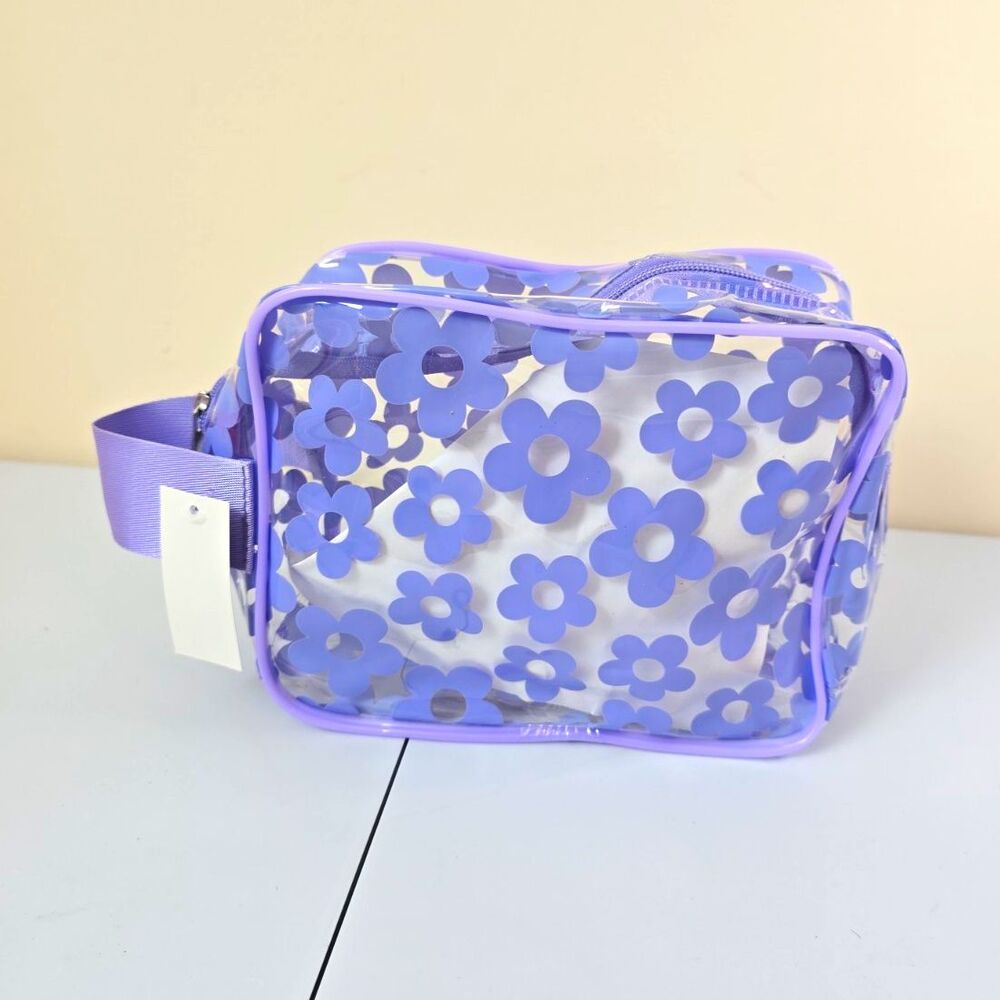 Clear Purple Floral PVC Makeup Bag, Zipper Closure, Handle Strap, Cosmetic Pouch